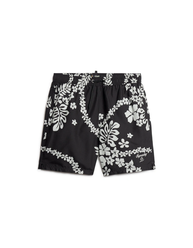 Hawaiian Print 17" Swim Shorts - Black