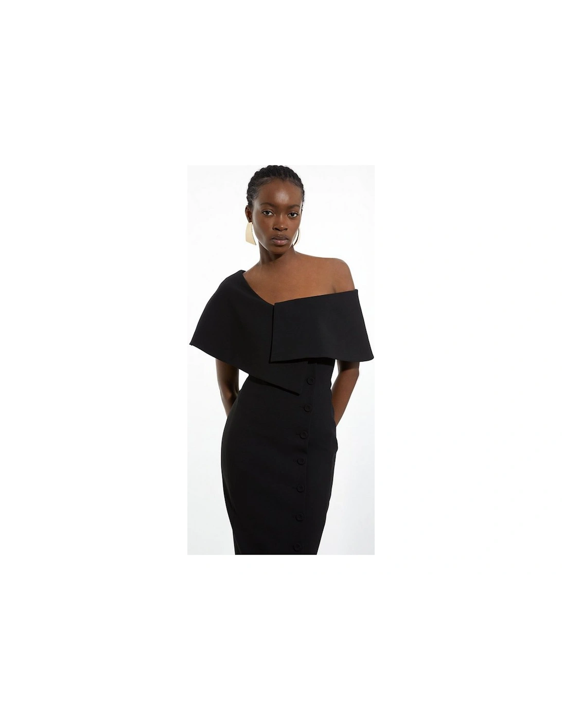 Compact Stretch Off Shoulder Button Through Tailored Midaxi Pencil Dress