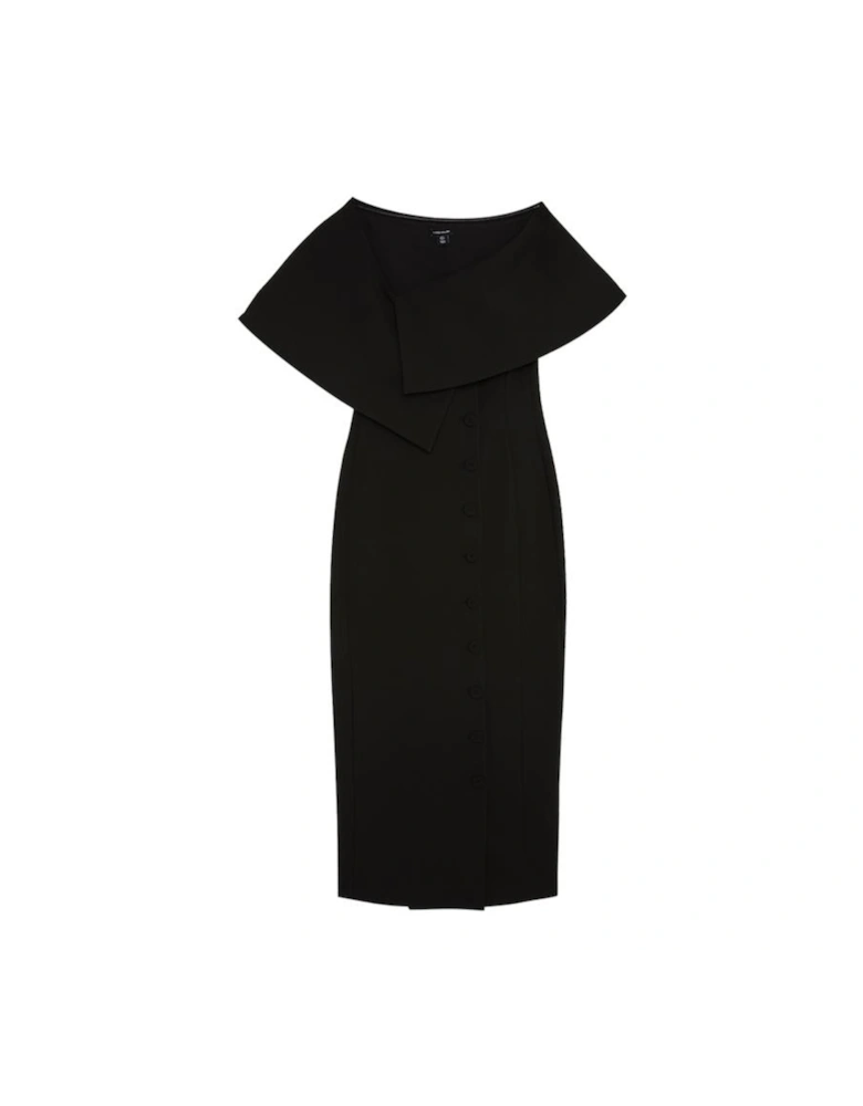 Compact Stretch Off Shoulder Button Through Tailored Midaxi Pencil Dress