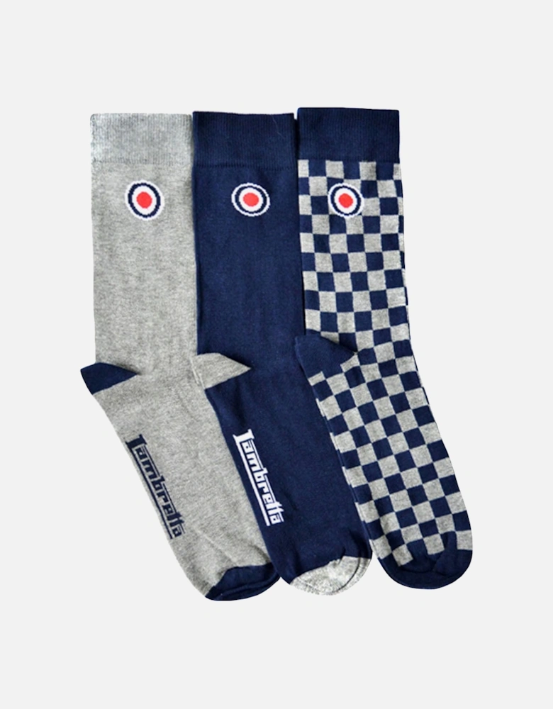 Mens 3 Pack Checkered Crew Length Cotton Socks - Blue - 6-11 UK