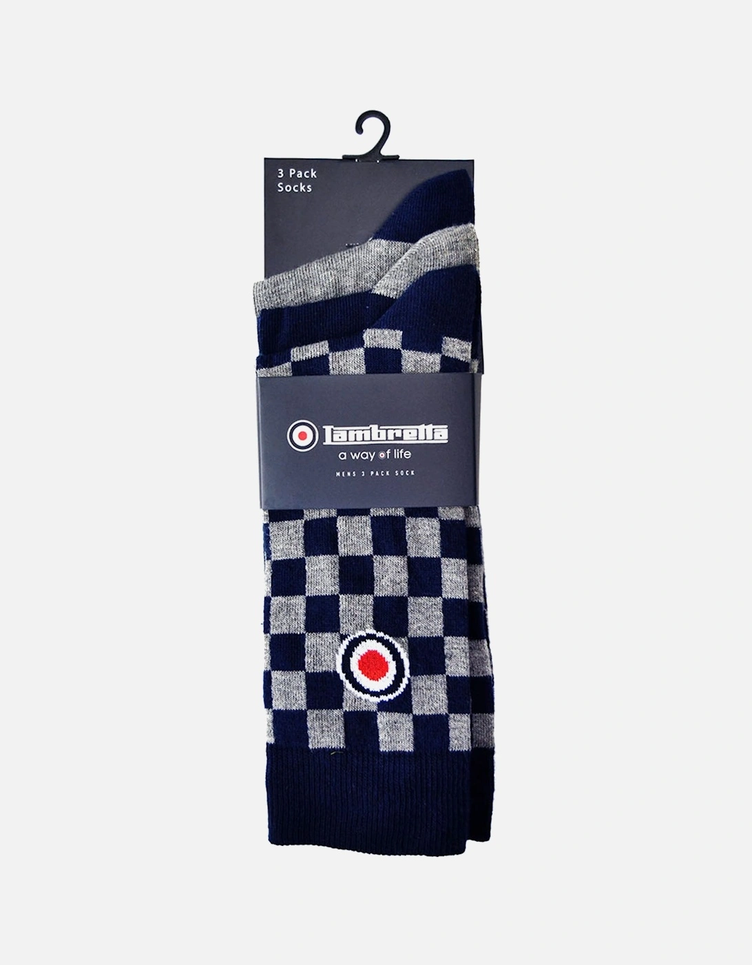 Mens 3 Pack Checkered Crew Length Cotton Socks - Blue - 6-11 UK