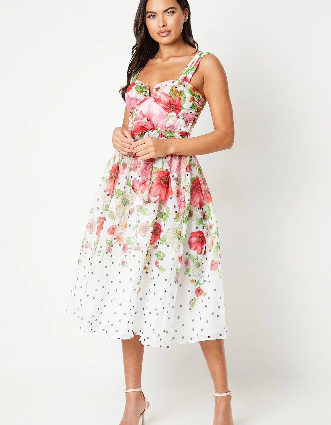 Organza Floral Placement Notch Neck Midi Dress, 6 of 5