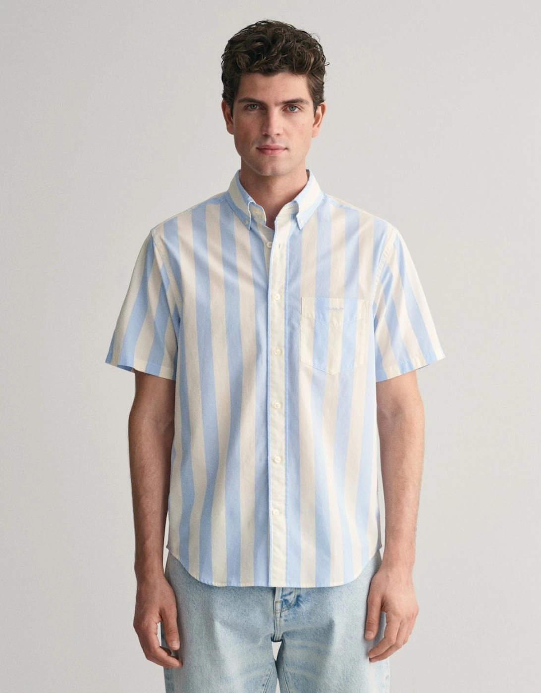 Mens Regular Fit Poplin Parasol Stripe Short Sleeve Shirt, 5 of 4