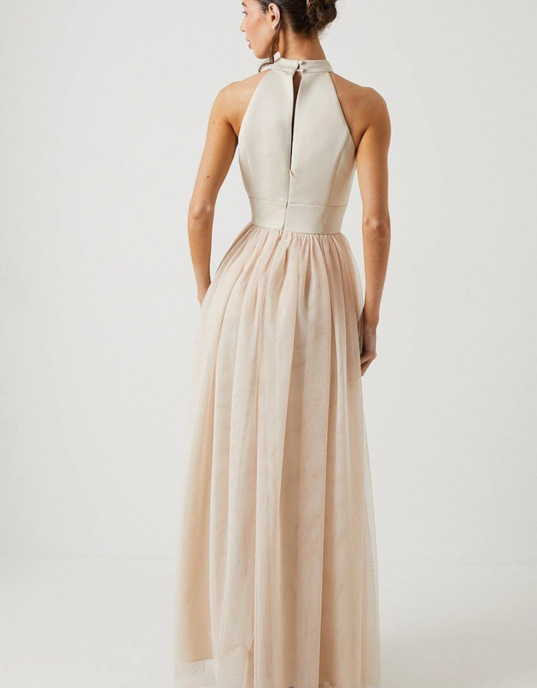 Satin Bodice Tulle Skirt Maxi Bridesmaids Dress
