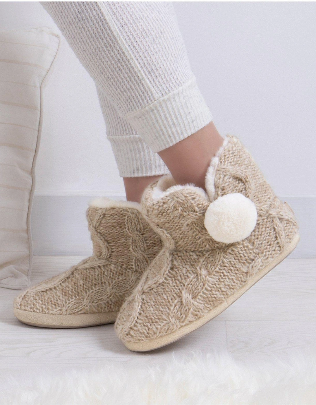 Cable Knit Boot Slippers - Cream