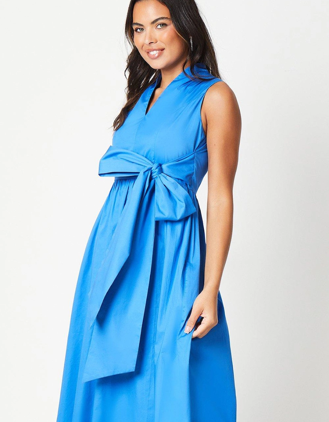 Bow Front Pleated Cotton Midi Dress