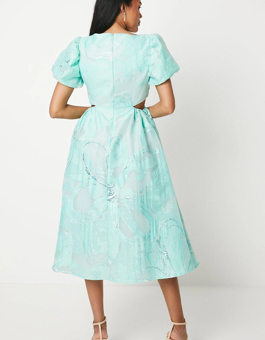 Puff Sleeve Jacquard Midi Dress