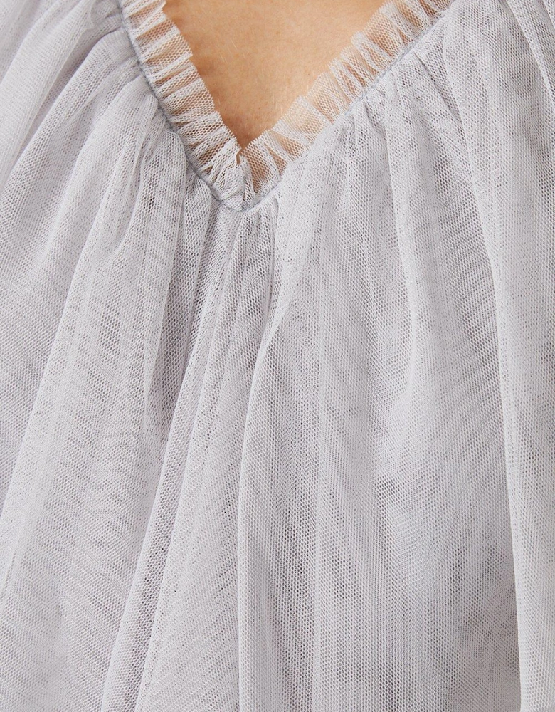 V Neck Frill And Ribbon Detail Tiered Bridesmaids Midi Dress
