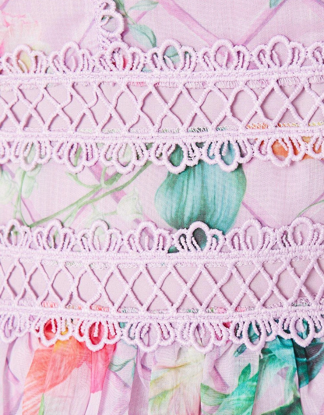 Organza Floral Placement Print Lace Trim Midaxi Dress