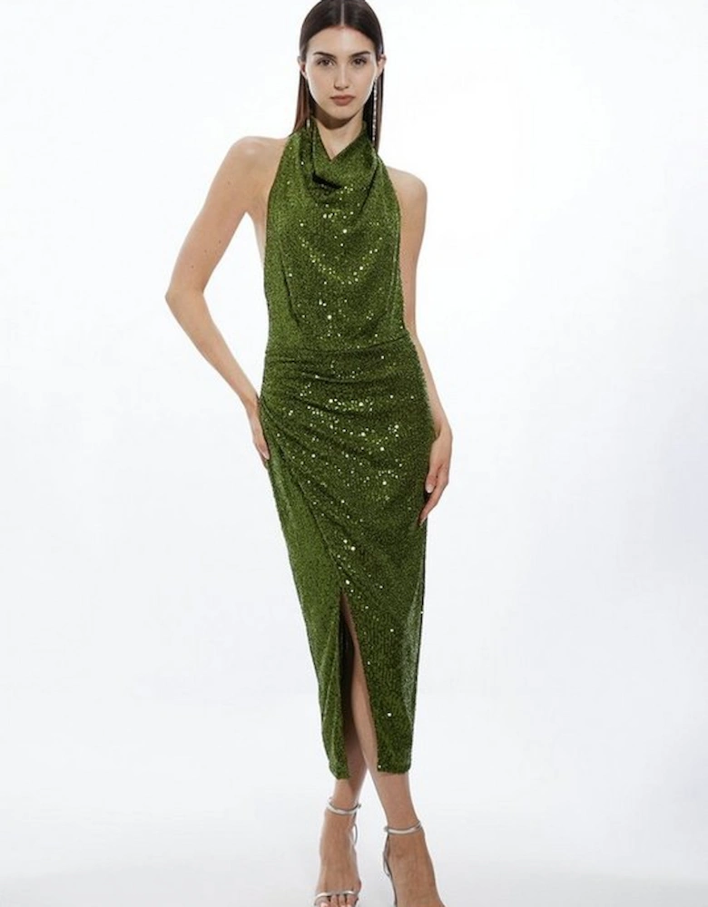 Petite Halterneck Sequin Jersey Side Split Maxi Dress