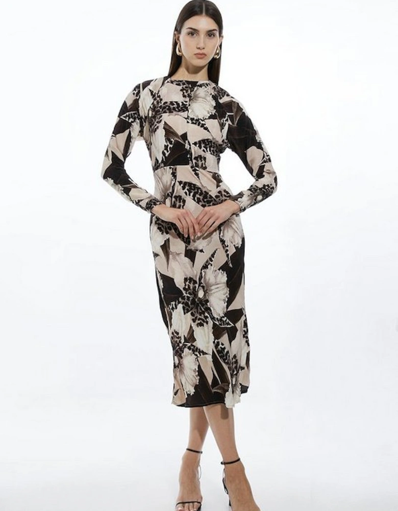 Ecru Floral Keyhole Printed Woven Viscose Midi Dress