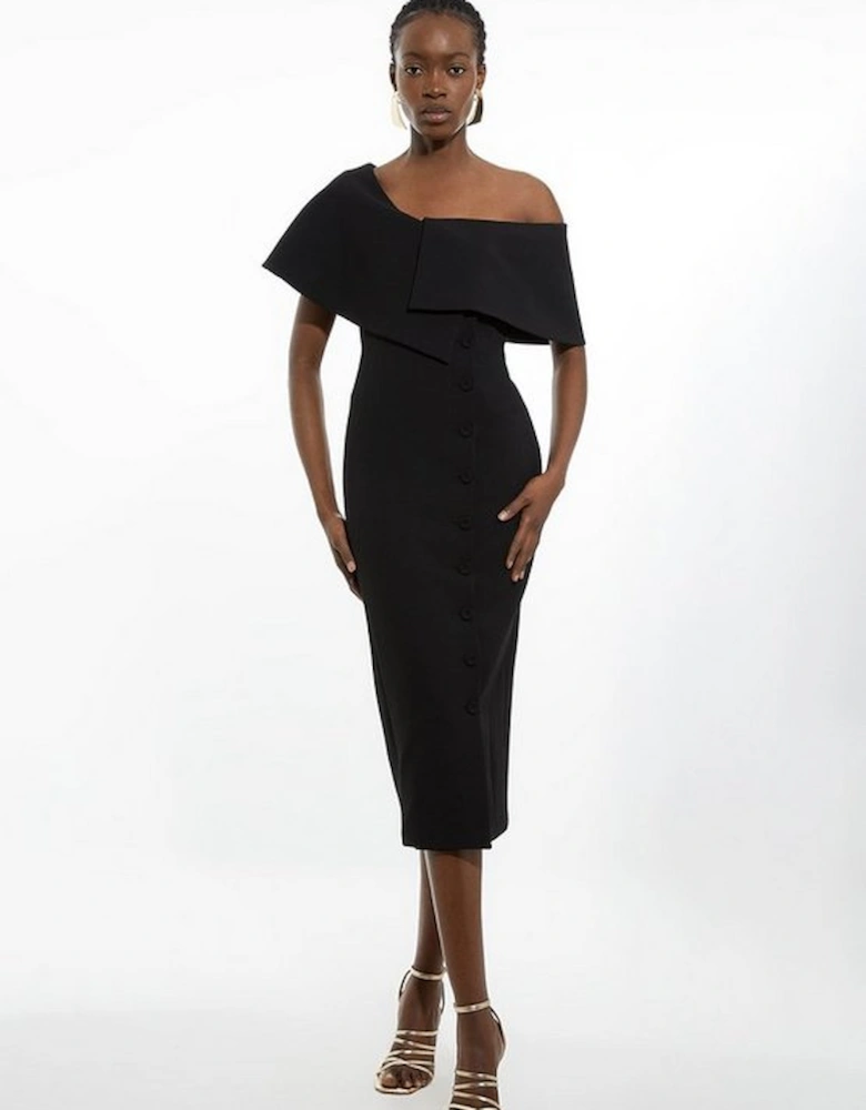 Petite Compact Stretch Off Shoulder Button Through Tailored Midi Pencil Dress