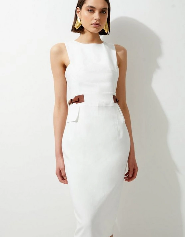 Premium Tailored Linen Tab Waist Pencil Midi Dress