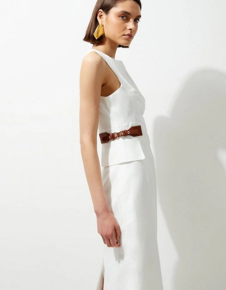 Premium Tailored Linen Tab Waist Pencil Midi Dress