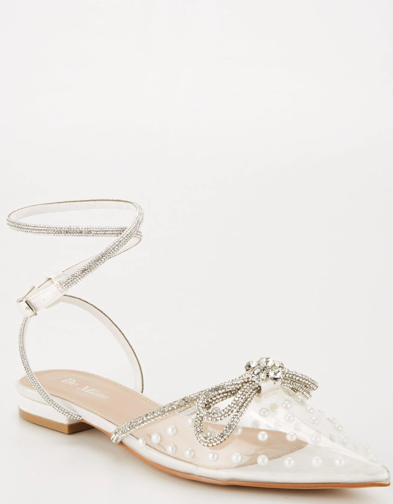 Be Mine Bridal Jacira Bow Embellished Dobby Spot Flat Shoes - Ivory Satin
