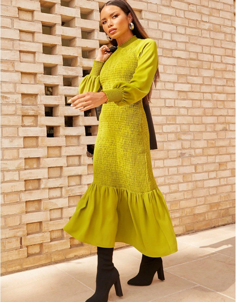 Long Sleeve Shirred Maxi Dress In Green