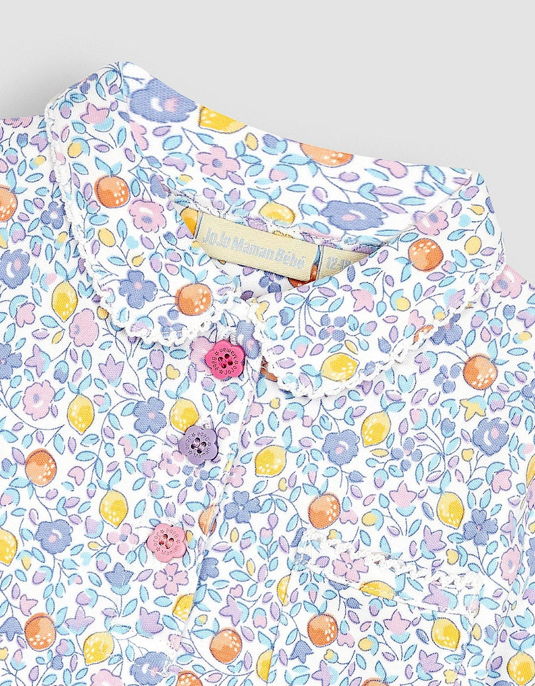Girls Orange & Lemon Ditsy Floral Pretty Polo Shirt - Purple