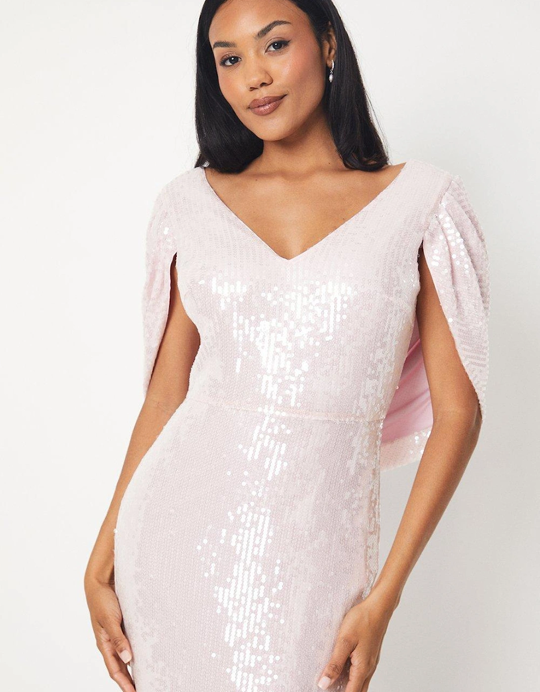 Sheer Sequin Cape Back Gown