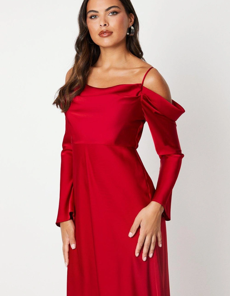 Long Sleeve Cowl Neck Satin Gown