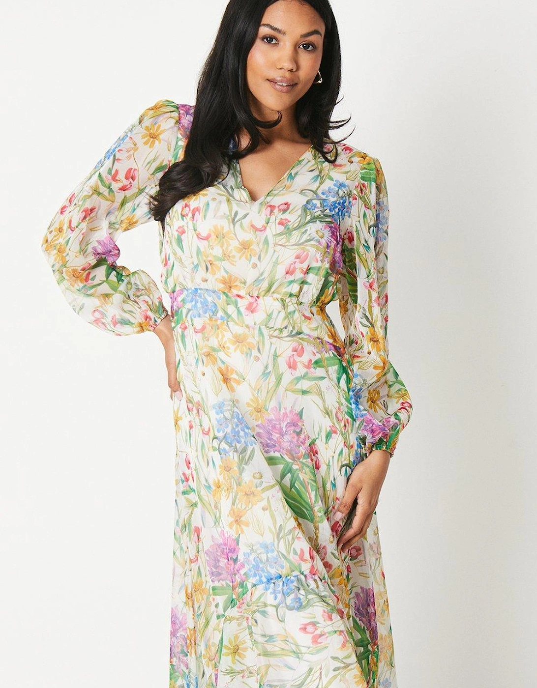 Printed Blouson Sleeve Midaxi Dress