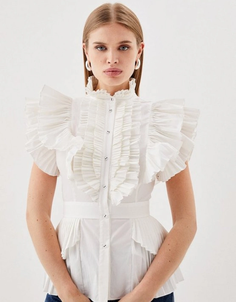 Cap Sleeve Pleated Ruffle Woven Shirt