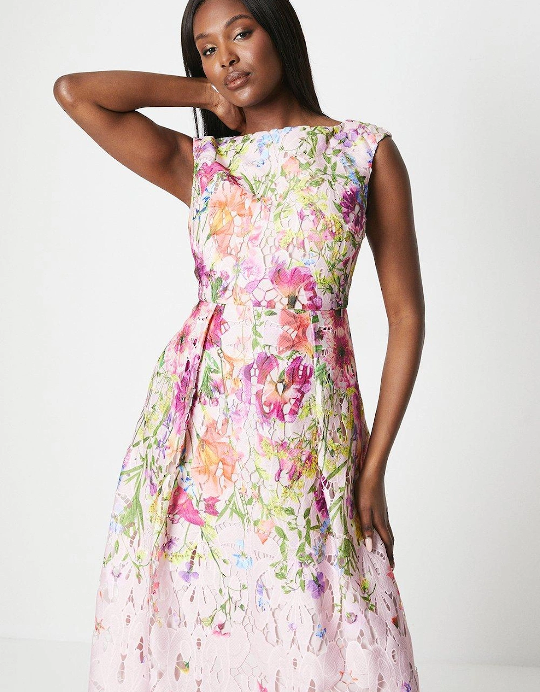 Printed Lace Sleeveless Midi Dress