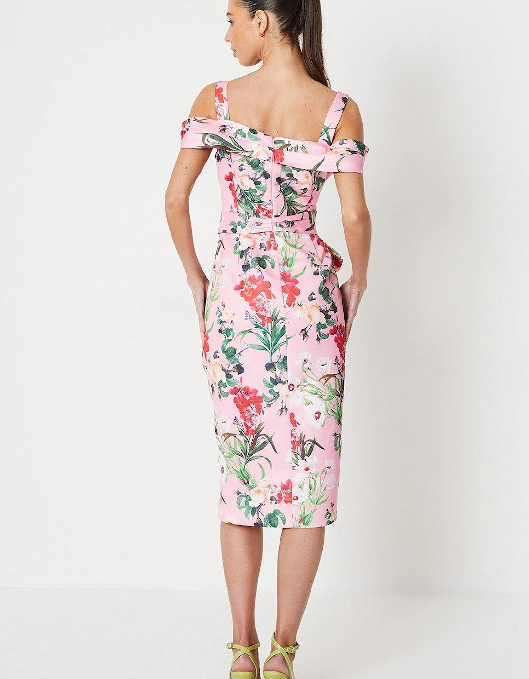 Floral Satin Ruched Pencil Dress