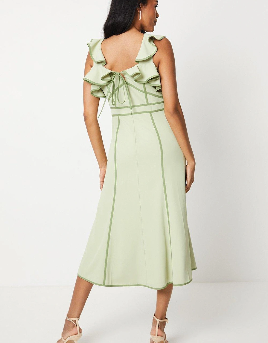 Frill Shoulder Detail Crepe Midi Dress With Tipping