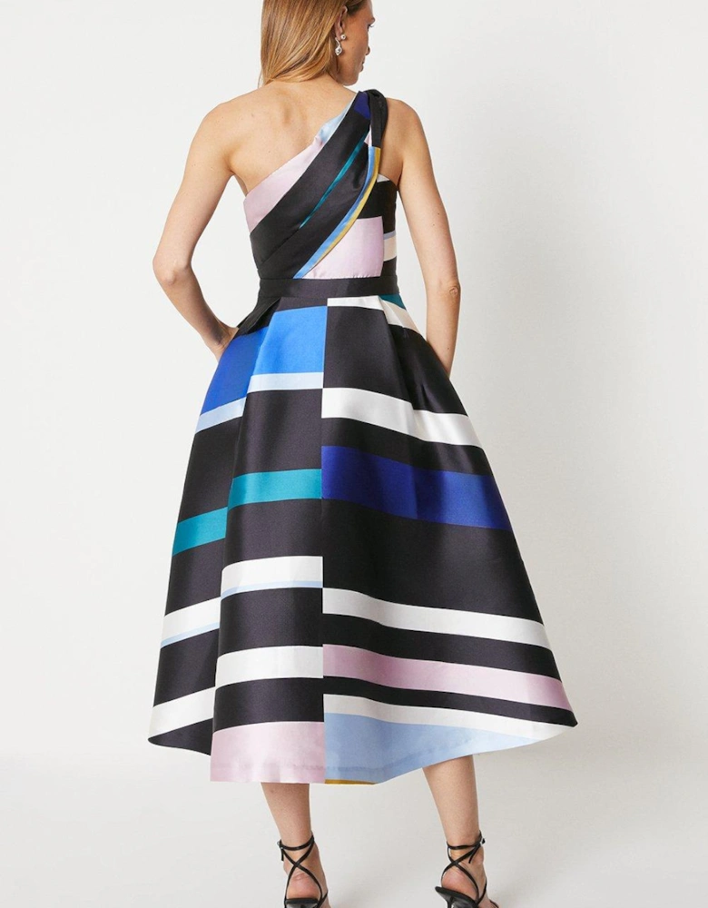 One Shoulder Twill Midi Dress In Stripe