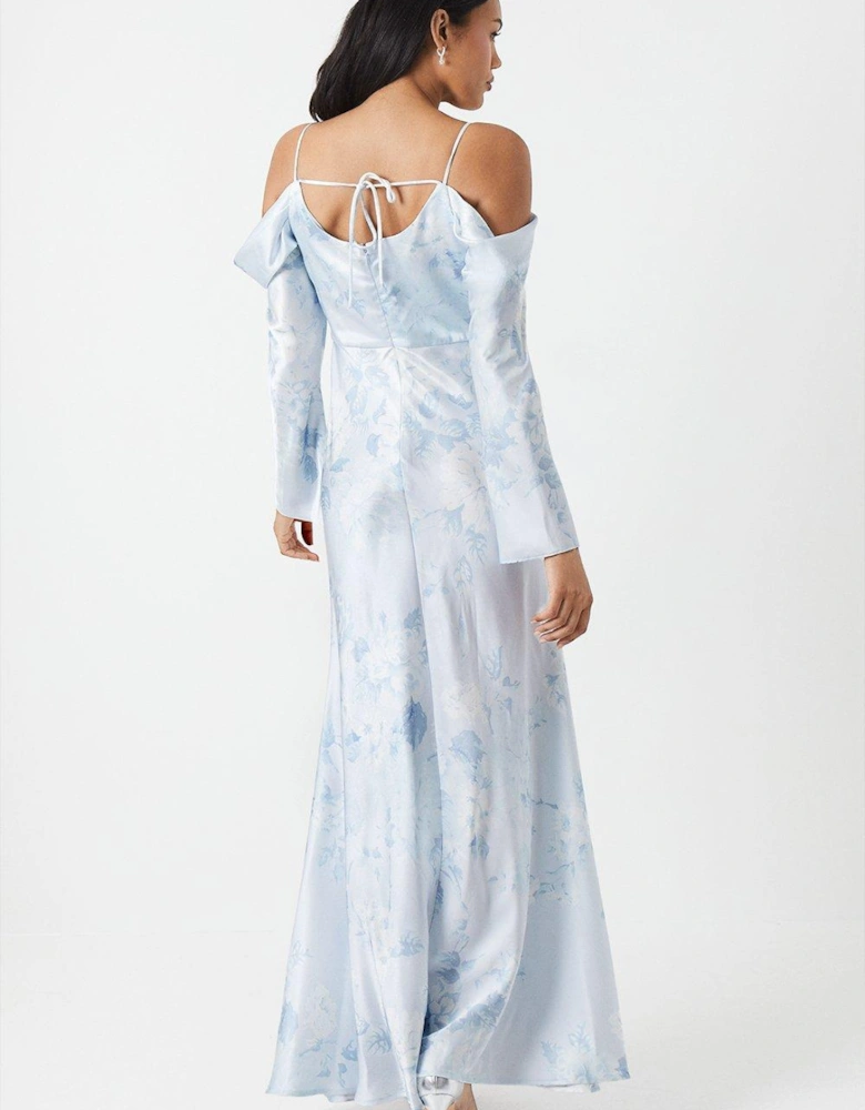 Printed Long Sleeve Cowl Bridesmaids Dress
