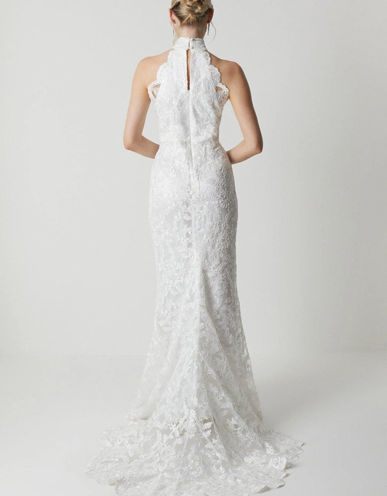 High Neck Embroidered Mesh Wedding Dress With Train