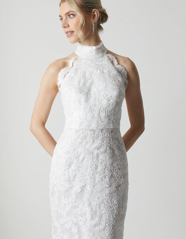 High Neck Embroidered Mesh Wedding Dress With Train