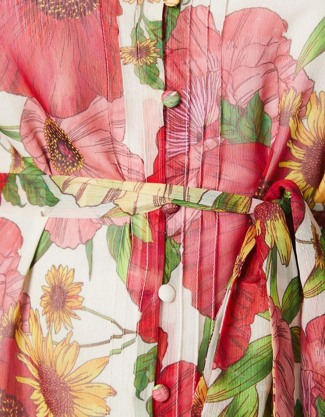 Floral Printed Tie Waist Midi Chiffon Shirt Dress
