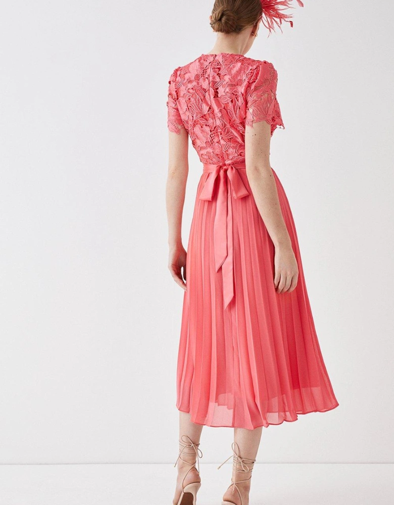 Premium Floral Satin Lace Pleat Skirt Midi Dress