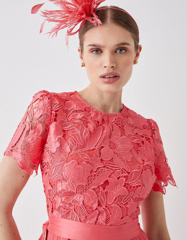 Premium Floral Satin Lace Pleat Skirt Midi Dress