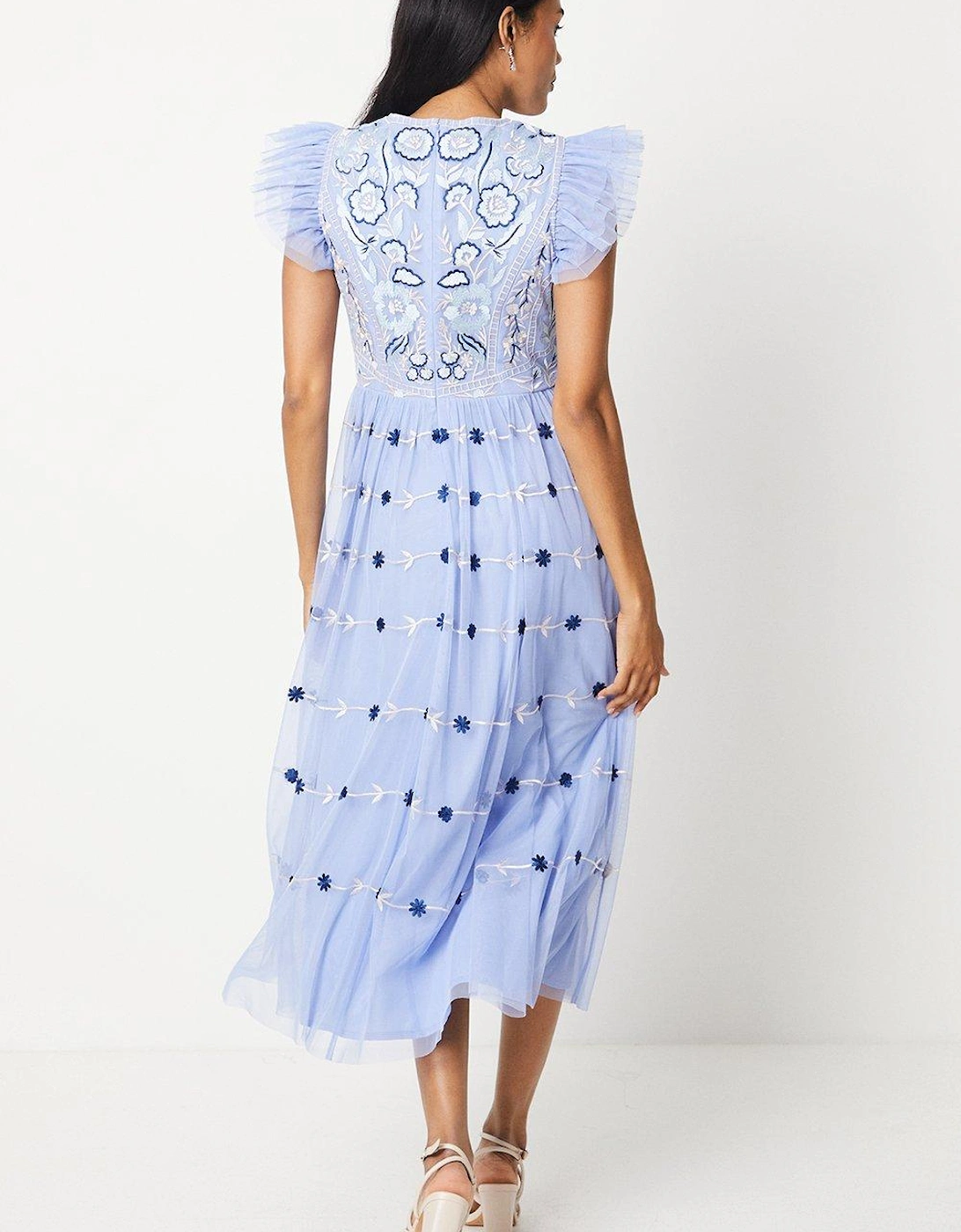 Embroidered Mesh Flutter Sleeve Midi Dress