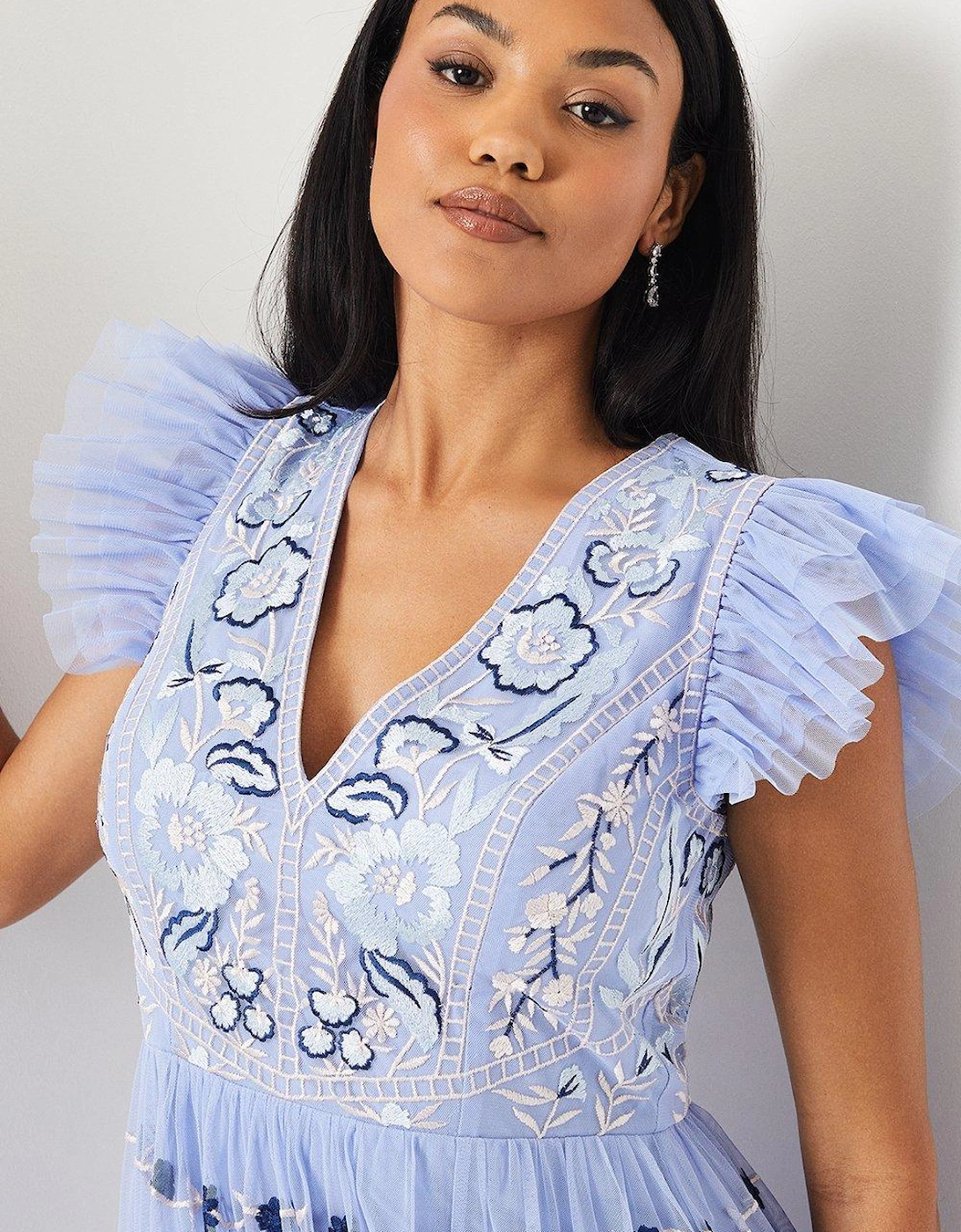 Embroidered Mesh Flutter Sleeve Midi Dress
