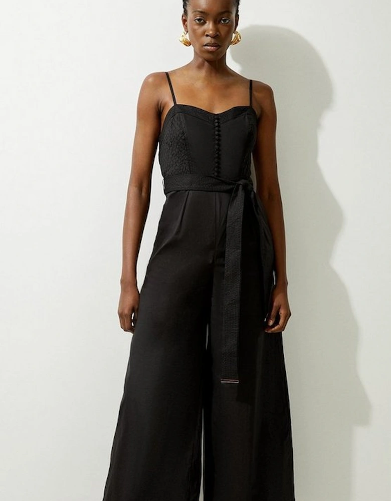 Cotton Top Stitch Pleated Woven Jumpsuit