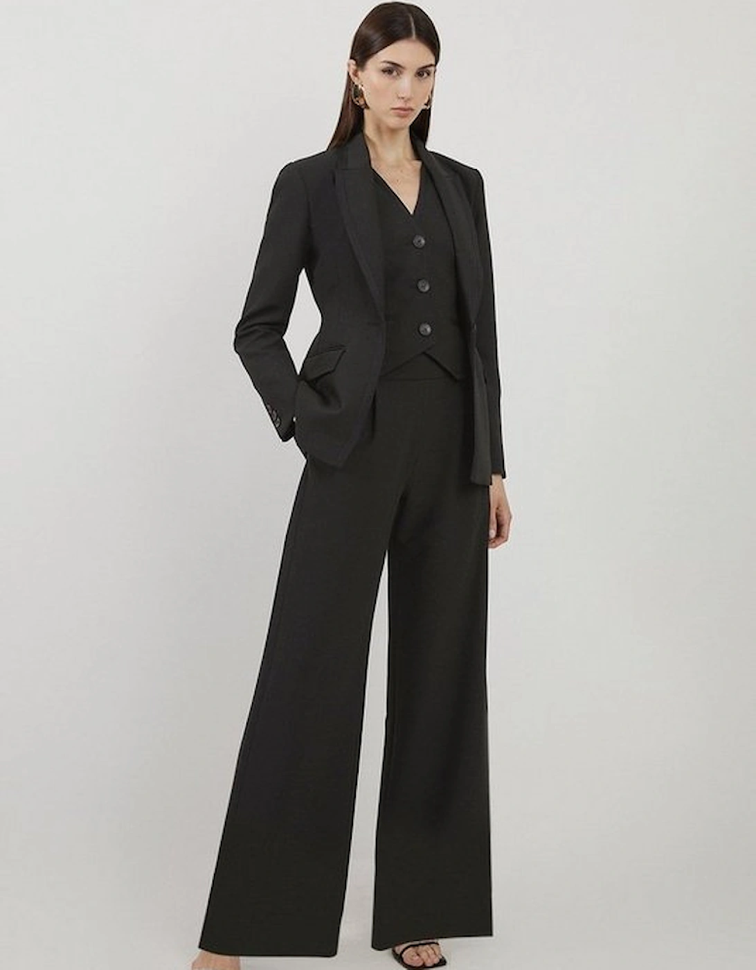 Petite Clean Tailored Grosgrain Tipped Wide Leg Trousers, 4 of 3