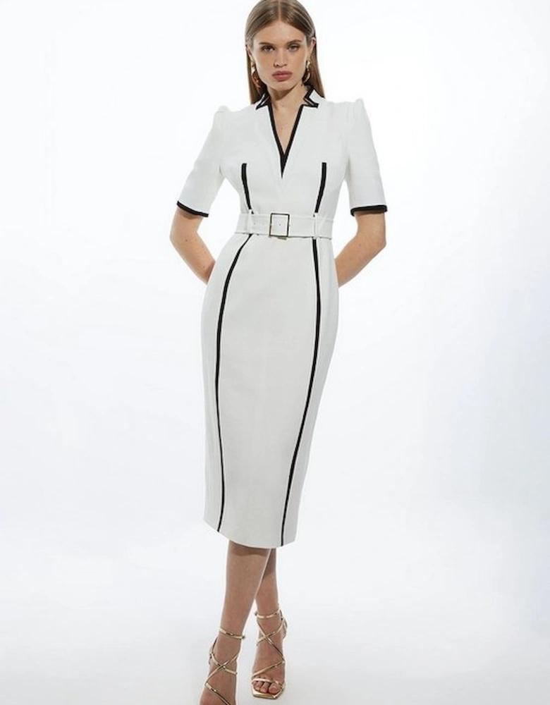 Petite Compact Stretch Contrast Tipped Forever Belted Tailored Midi Dress