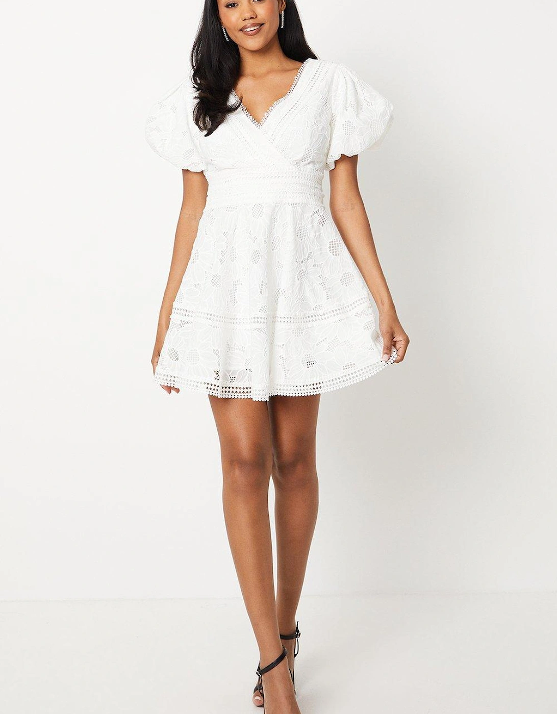 Lace Mini Dress With Puff Sleeve