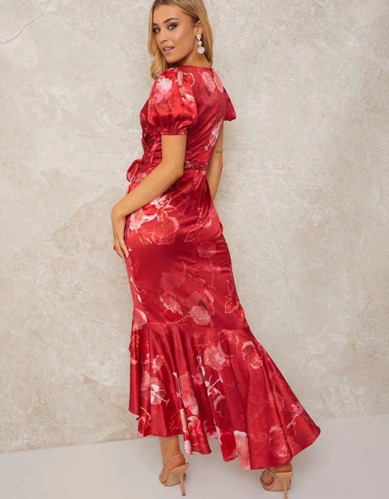 V Neck Puff Sleeve Floral Print Midi Dress - Red