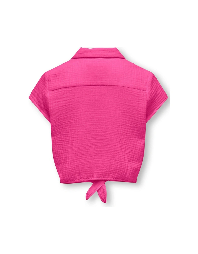 Girls Tie Front Cheesecloth Short Sleeve Shirt - Pink