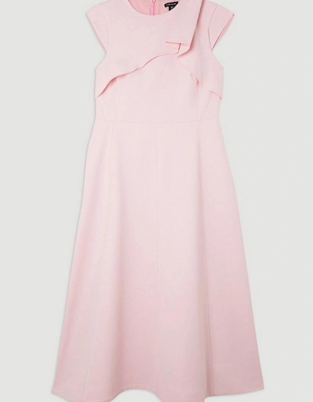 Tailored Crepe Drape Shoulder Full Skirt Midi Dress