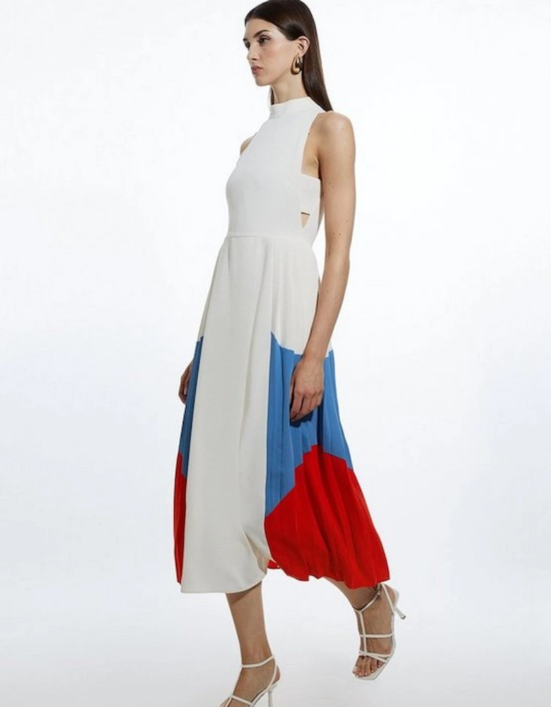 Fluid Tailored Colour Block Pleated Full Skirted Maxi Dress