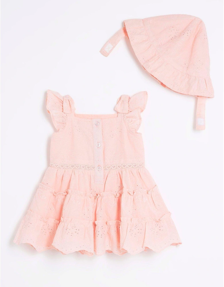 Baby Girls Broderie Dress And Hat Set - Pink
