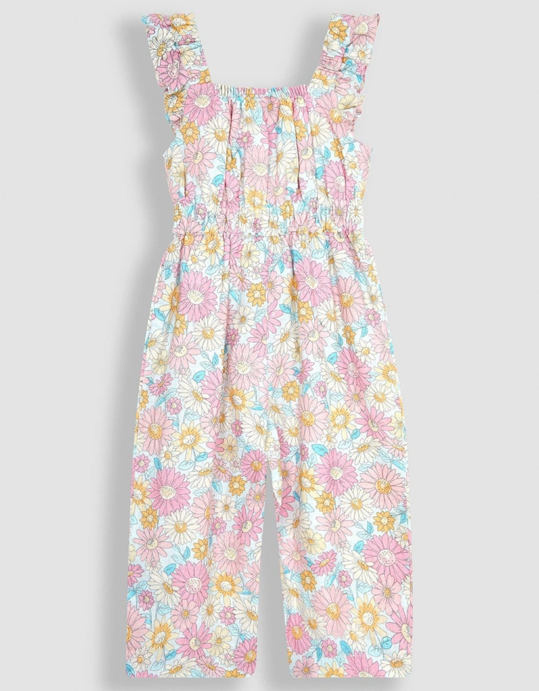 Girls Sunflower Cotton Linen Frill Shoulder Jumpsuit - Pink