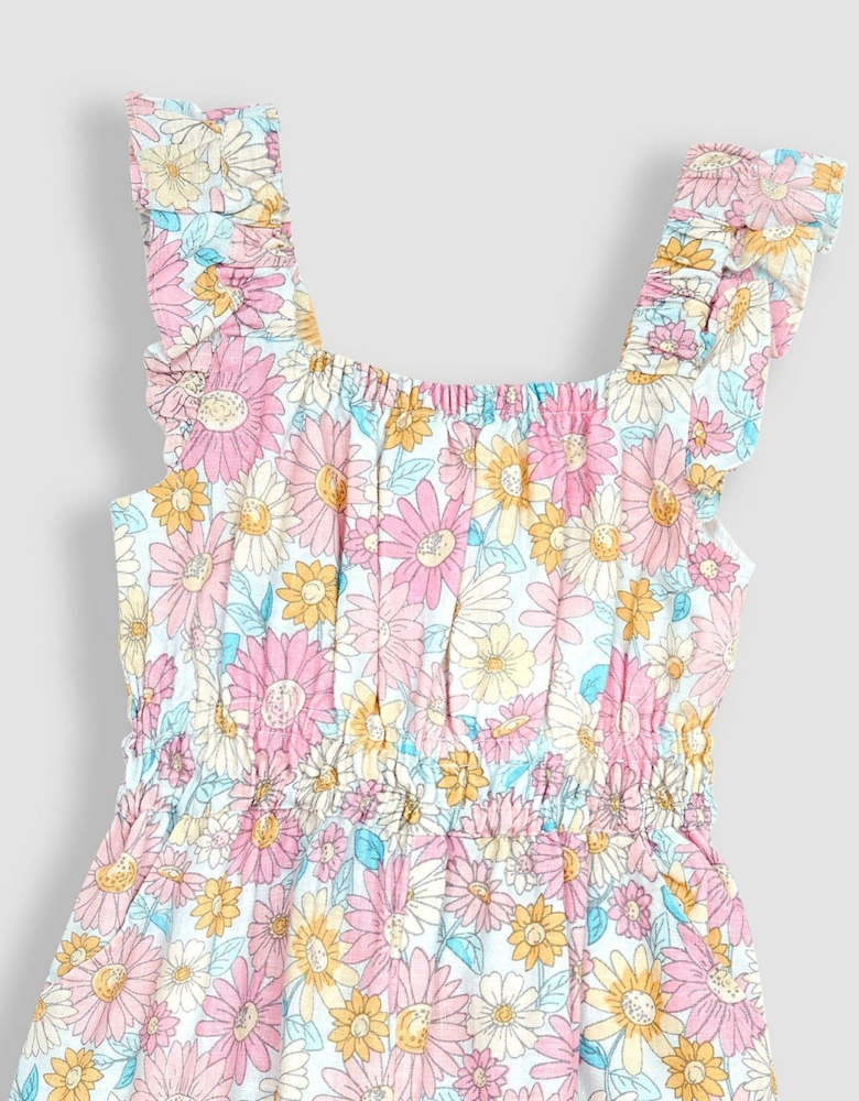 Girls Sunflower Cotton Linen Frill Shoulder Jumpsuit - Pink