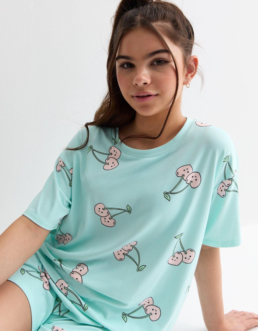Girls Blue Soft Touch Short Pyjama Set With Cherry Heart Print
