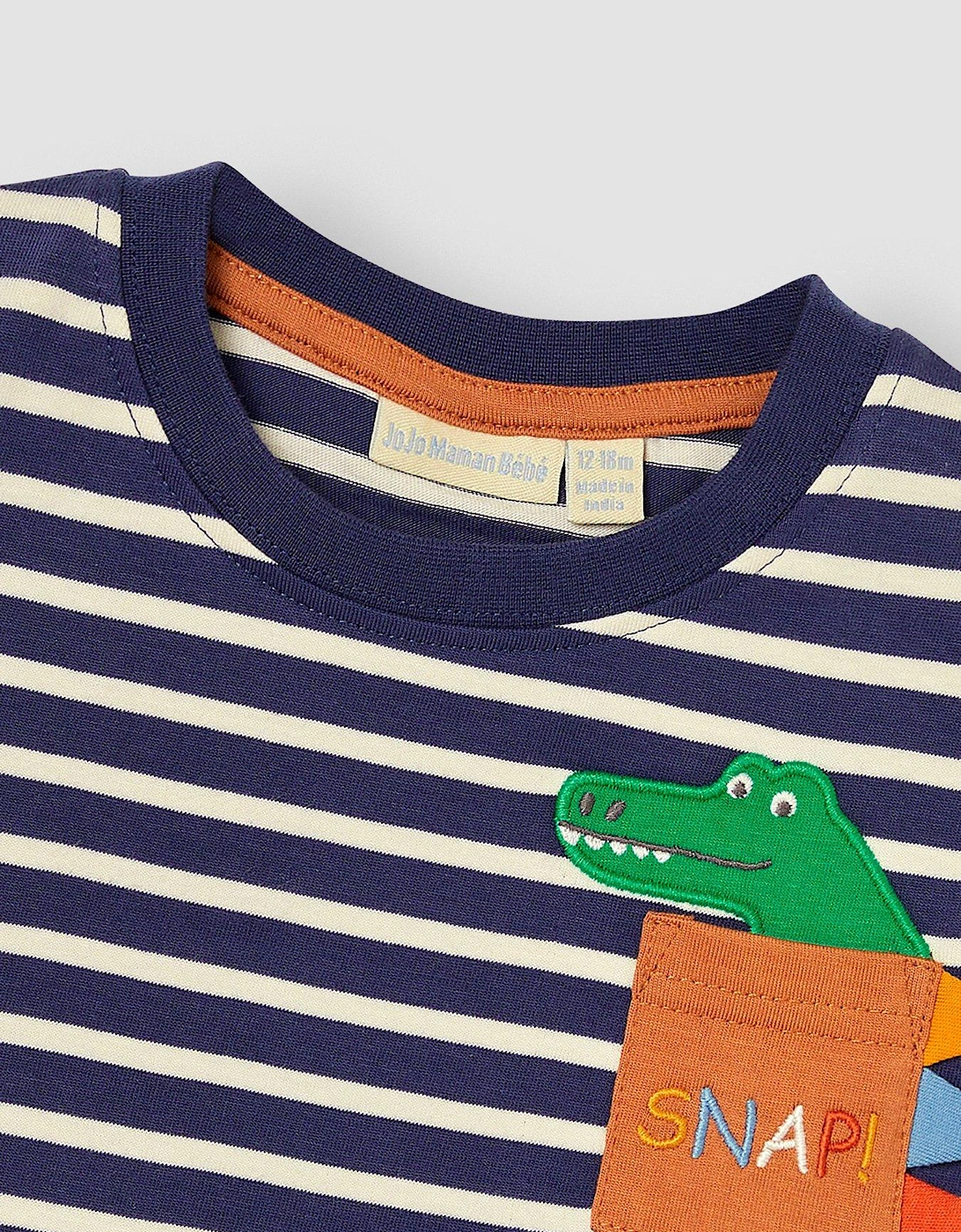 Boys Crocodile Applique Pocket T-Shirt - Blue